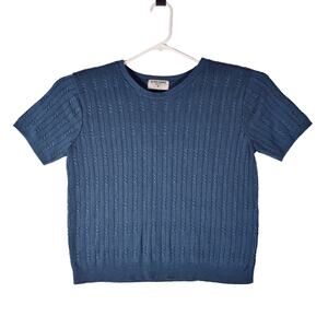 Vintage Alfred Dunner Top Womens Blue Knit Sweater Short Sleeve USA Petite M